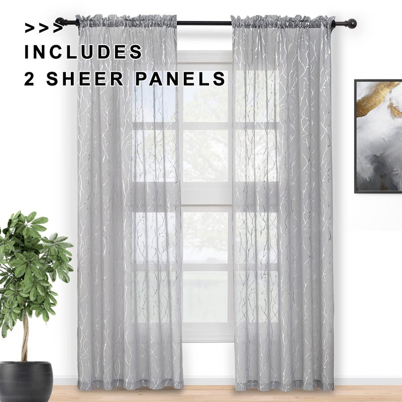 FINECITY Silver Grey Sheer Curtains for Bedroom - Metallic Silver Sparkle Sheer Curtains 63 Inch Length Rod Pocket Sheer Window Curtains Short Printed Twig Pattern, 52 x 63 Inches, 2 Panels, Gray - Image 2